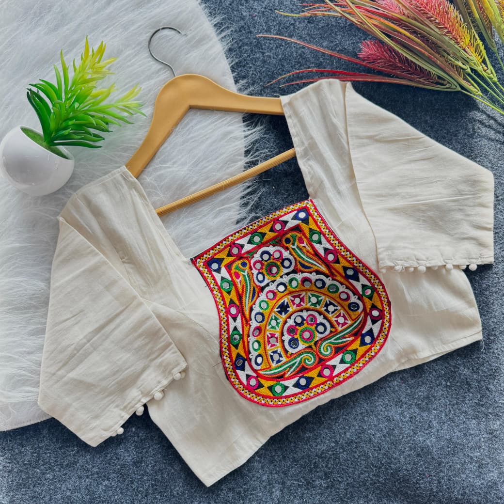 Embroidery Mirror & Kodi Work Khadi Cotton Blouse